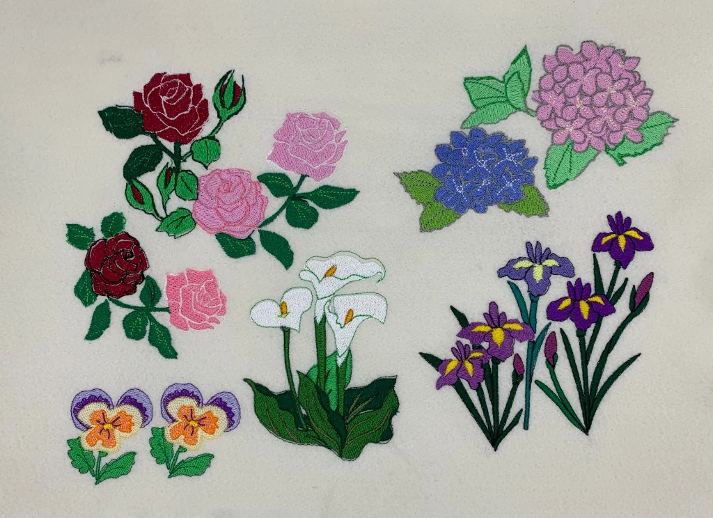 バラ、紫陽花、カラー、パンジー、菖蒲などの花の刺繍